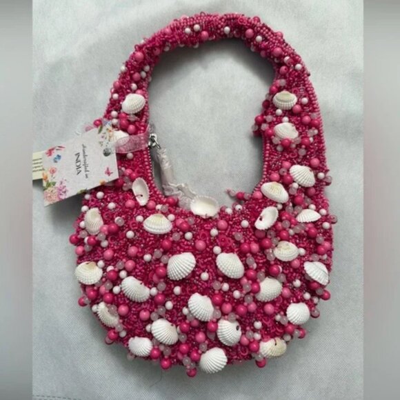 Hot Pink Sea Shell Beaded Boho Bag Handcrafted in India NWT Tik Tok Viral - Picture 3 of 5
